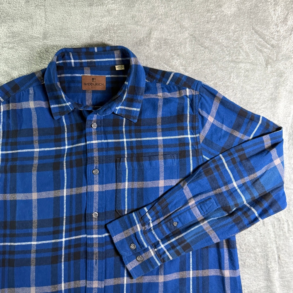 Woolrich Flannel Shirt Plaid Button Up Long Sleeve Blue Cotton XL/EG